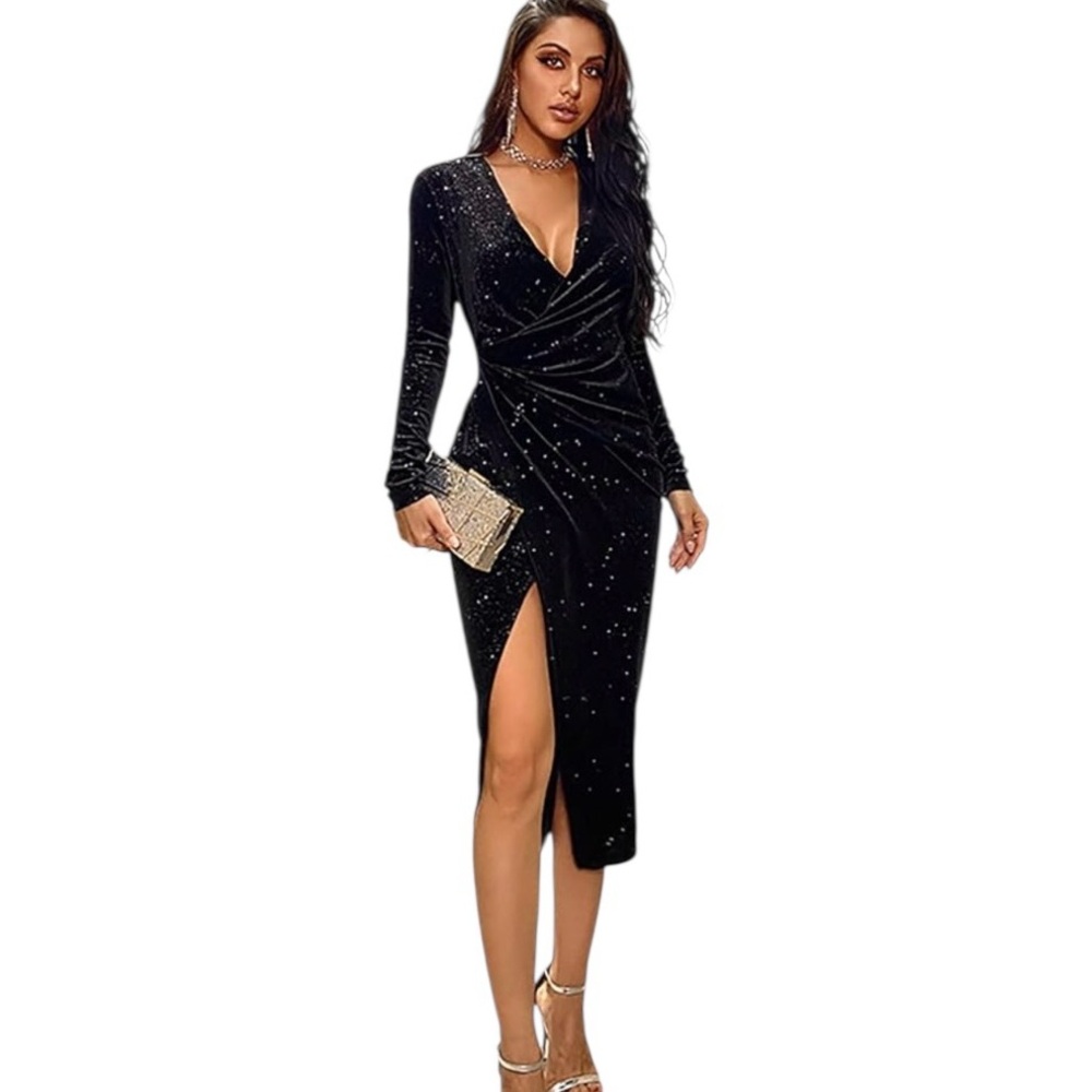 Double Crazy Black Velvet Velour Night Sky Star Studded Faux Wrap Glitter Dress